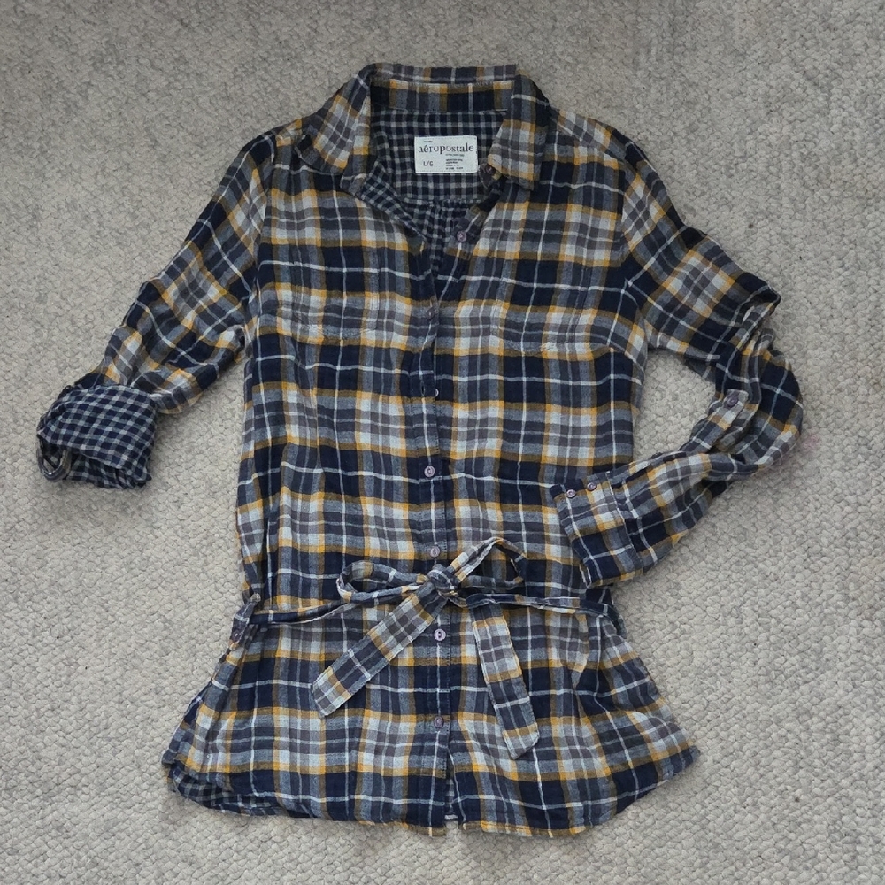 Aeropostale Navy and Yellow Plaid Button Down Shirt